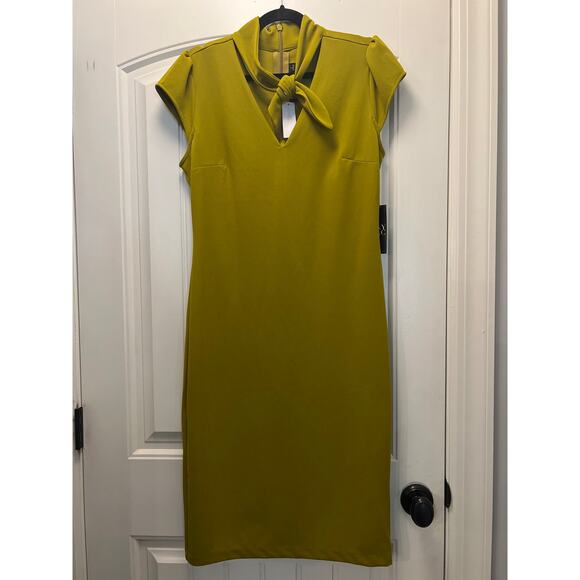 NWT NY & C Women’s Cap Sleeve Tie Neck Sheath Dress Office Career Size L Green - Picture 1 of 5